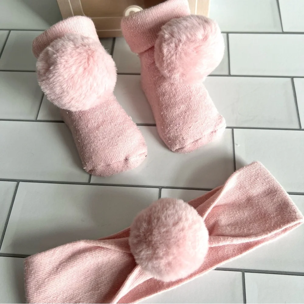 3M💗 Mayoral Pink Pom Pom Baby Sock Booties and Headband Set Organic Cotton Set